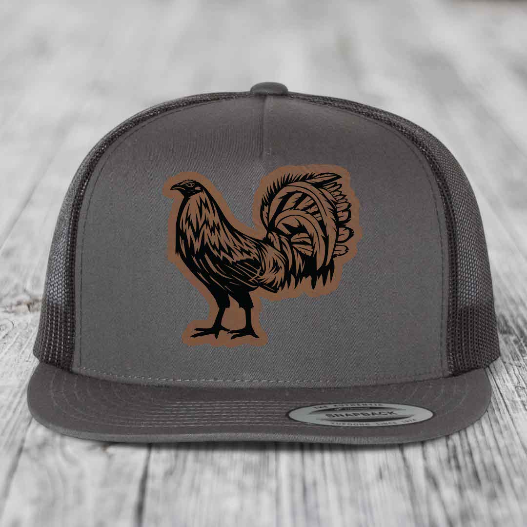 Rooster - Leather Patch Hat - Dark Brown to Black Patch - Yupoong 6006 Snapback Flatbill Hat
