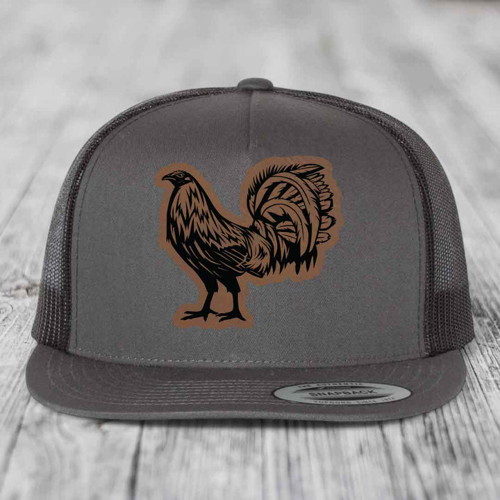 Rooster - Leather Patch Hat - Dark Brown to Black Patch - Yupoong 6006 Snapback Flatbill Hat