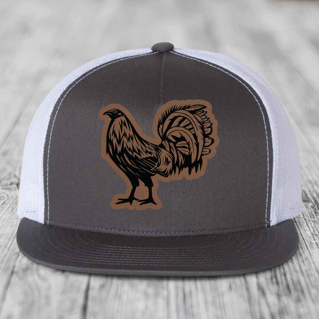 Rooster - Leather Patch Hat - Dark Brown to Black Patch - Yupoong 6006 Snapback Flatbill Hat