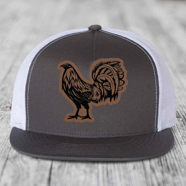 Rooster - Leather Patch Hat - Dark Brown to Black Patch - Yupoong 6006 Snapback Flatbill Hat