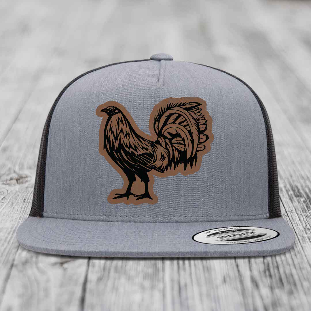 Rooster - Leather Patch Hat - Dark Brown to Black Patch - Yupoong 6006 Snapback Flatbill Hat