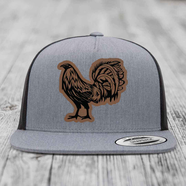 Rooster - Leather Patch Hat - Dark Brown to Black Patch - Yupoong 6006 Snapback Flatbill Hat