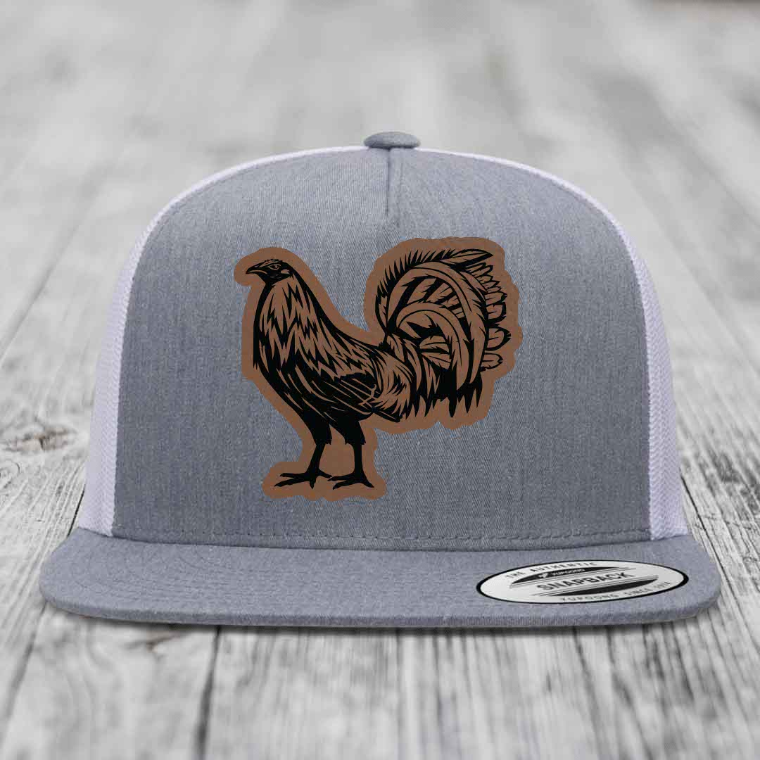 Rooster - Leather Patch Hat - Dark Brown to Black Patch - Yupoong 6006 Snapback Flatbill Hat