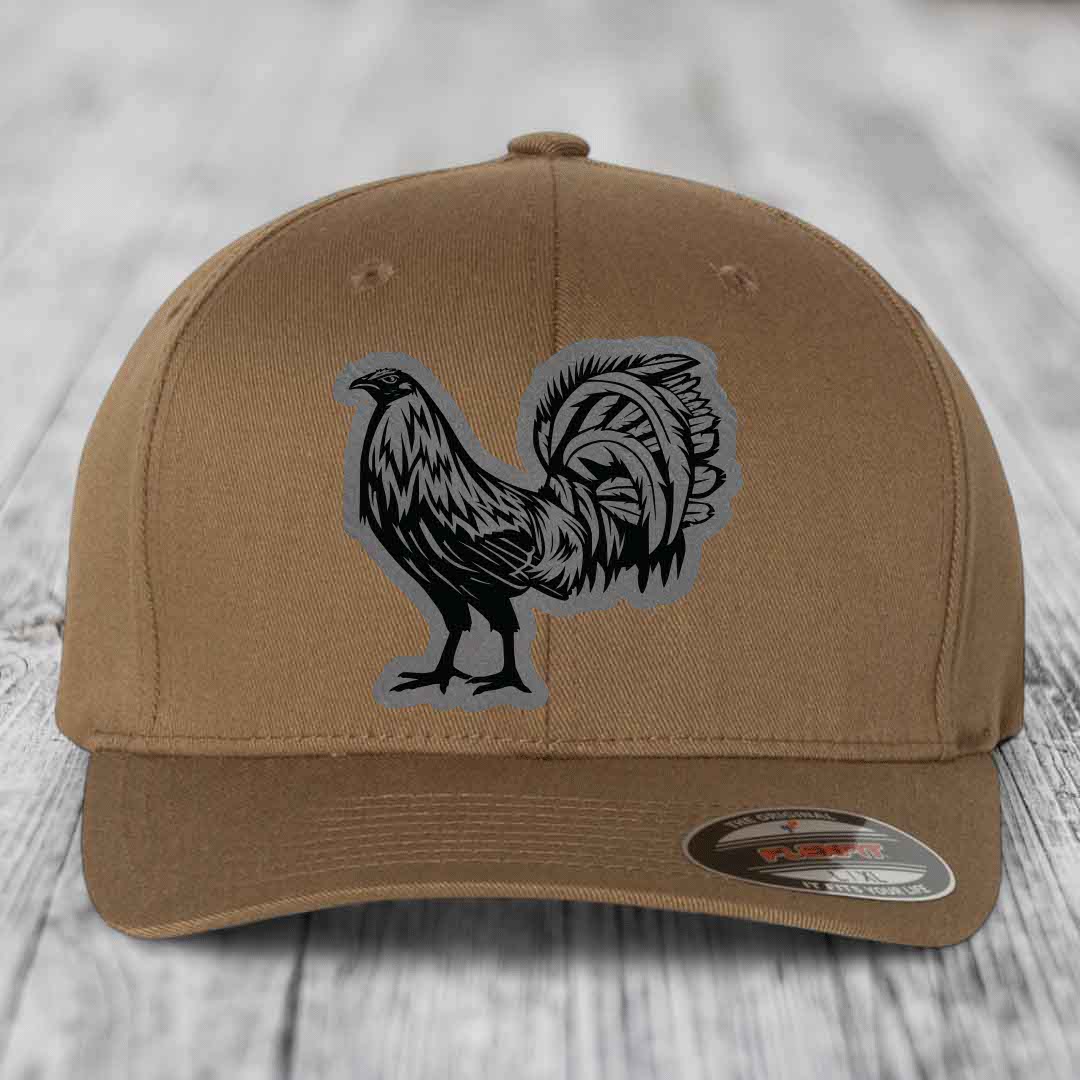 Rooster - Leather Patch Hat - Grey to Black Patch - Flexfit 6277 Fitted Hat
