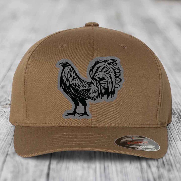 Rooster - Leather Patch Hat - Grey to Black Patch - Flexfit 6277 Fitted Hat