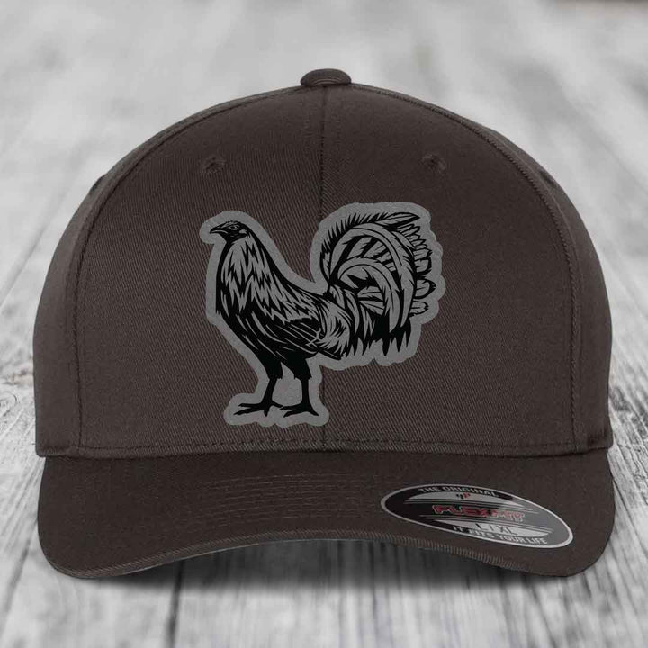 Rooster - Leather Patch Hat - Grey to Black Patch - Flexfit 6277 Fitted Hat