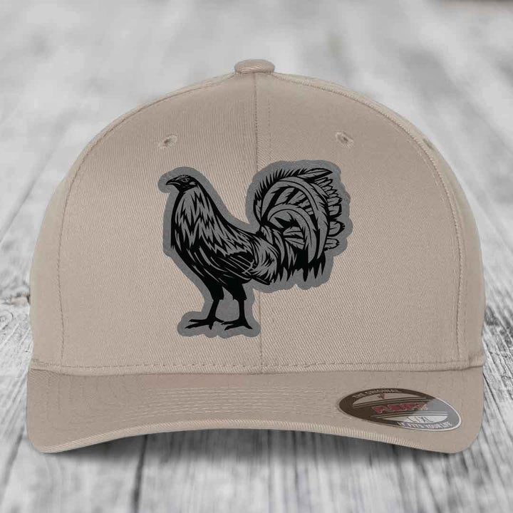 Rooster - Leather Patch Hat - Grey to Black Patch - Flexfit 6277 Fitted Hat