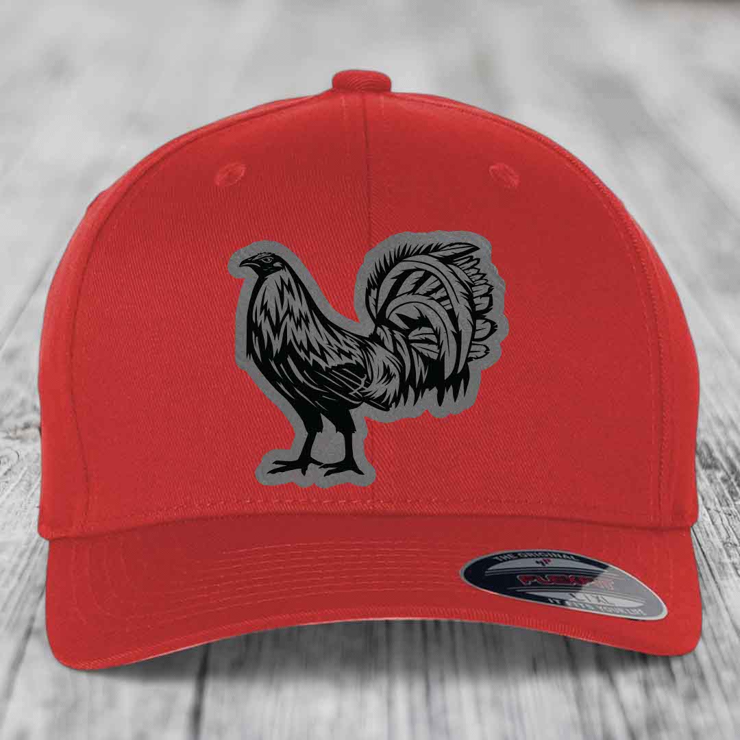 Rooster - Leather Patch Hat - Grey to Black Patch - Flexfit 6277 Fitted Hat