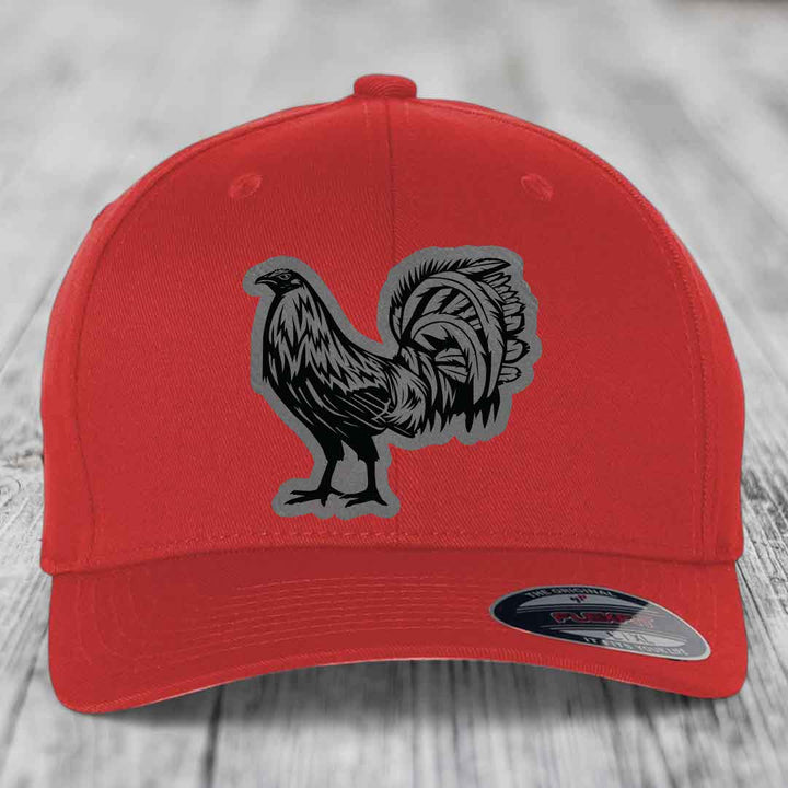 Rooster - Leather Patch Hat - Grey to Black Patch - Flexfit 6277 Fitted Hat