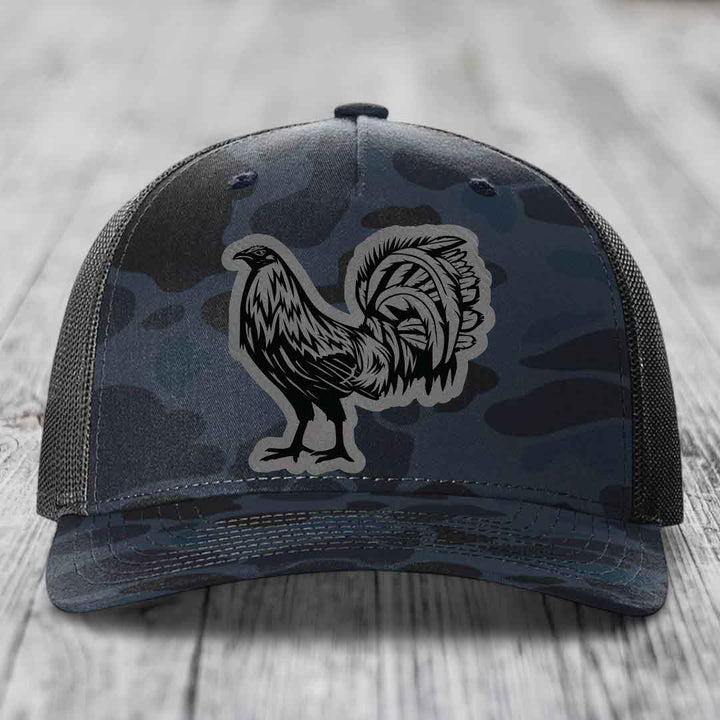 Rooster - Leather Patch Hat - Grey to Black Patch - Richardson 112PFP Snapback Trucker Hat