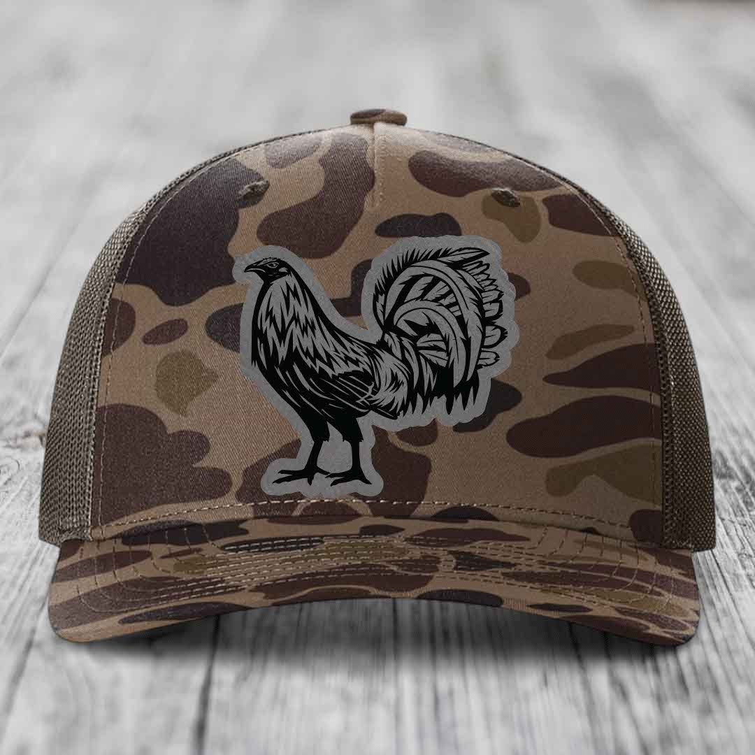 Rooster - Leather Patch Hat - Grey to Black Patch - Richardson 112PFP Snapback Trucker Hat