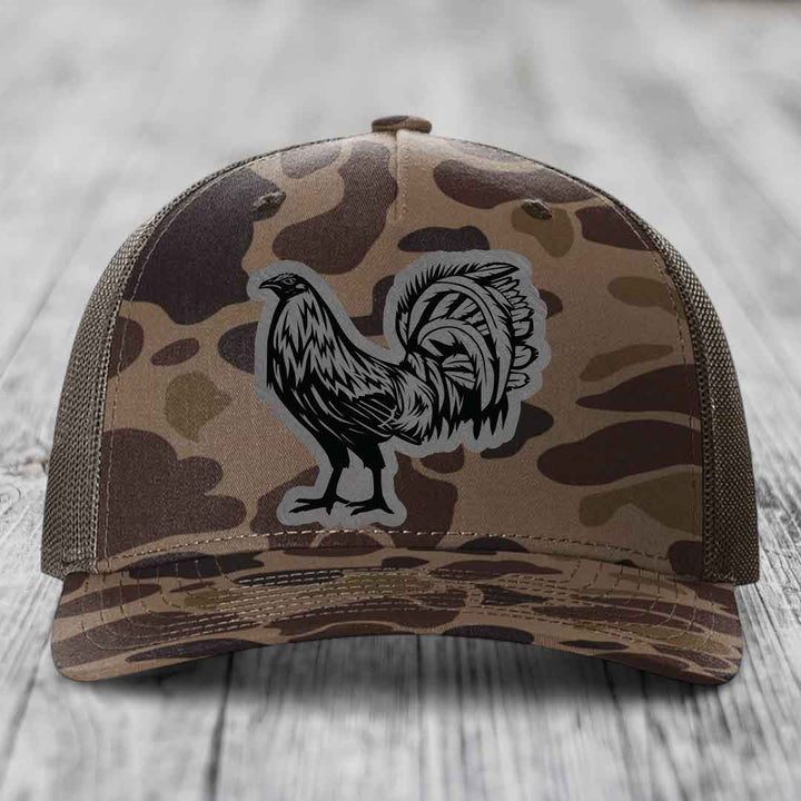 Rooster - Leather Patch Hat - Grey to Black Patch - Richardson 112PFP Snapback Trucker Hat
