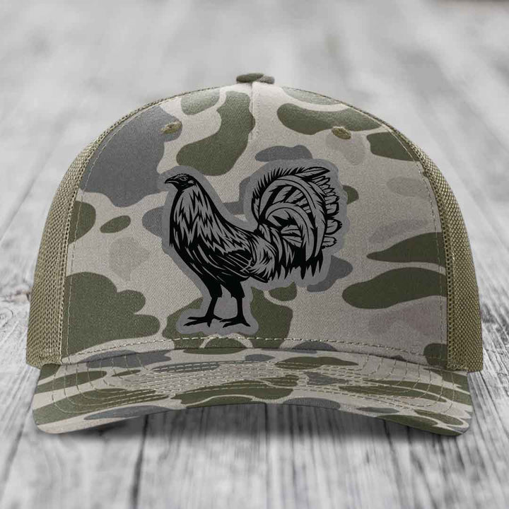 Rooster - Leather Patch Hat - Grey to Black Patch - Richardson 112PFP Snapback Trucker Hat