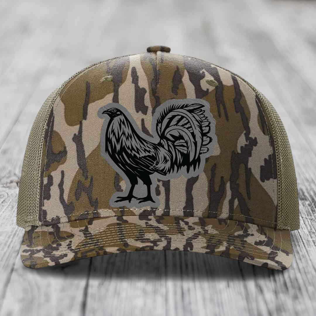 Rooster - Leather Patch Hat - Grey to Black Patch - Richardson 112PFP Snapback Trucker Hat