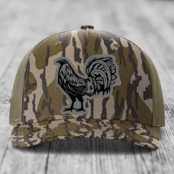 Rooster - Leather Patch Hat - Grey to Black Patch - Richardson 112PFP Snapback Trucker Hat