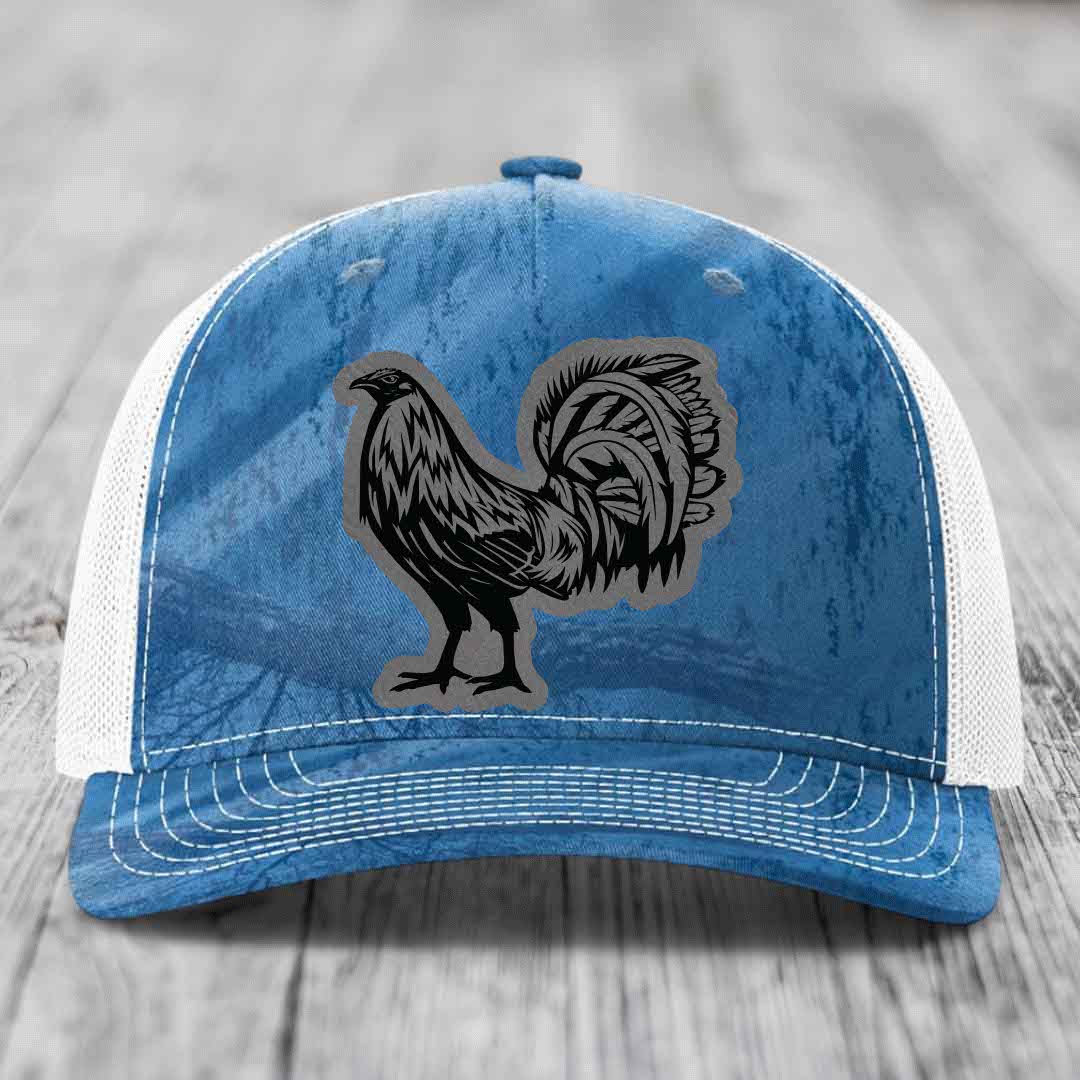 Rooster - Leather Patch Hat - Grey to Black Patch - Richardson 112PFP Snapback Trucker Hat
