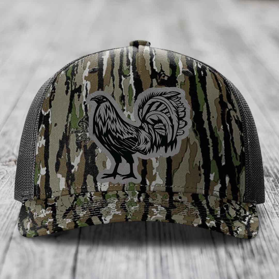Rooster - Leather Patch Hat - Grey to Black Patch - Richardson 112PFP Snapback Trucker Hat