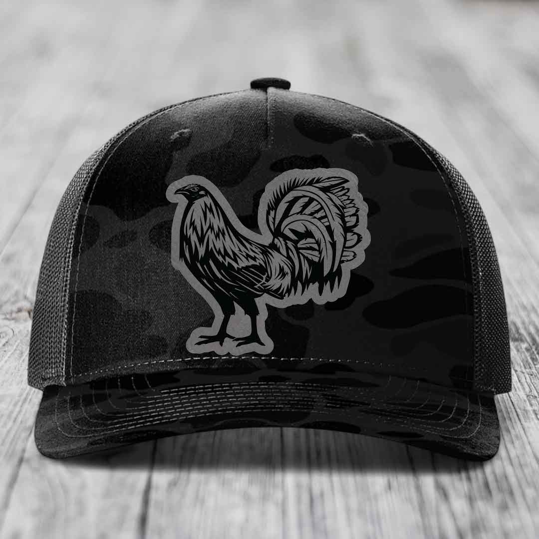 Rooster - Leather Patch Hat - Grey to Black Patch - Richardson 112PFP Snapback Trucker Hat
