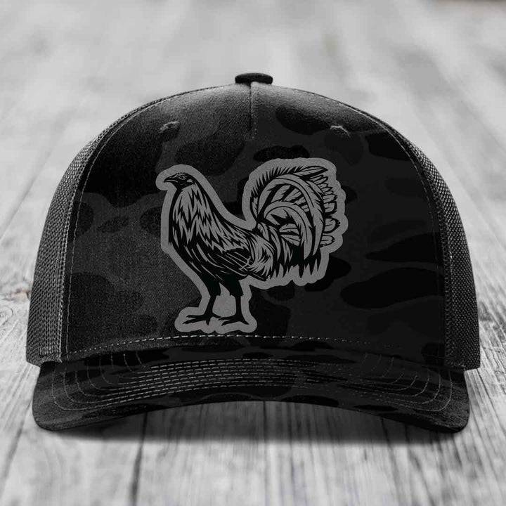 Rooster - Leather Patch Hat - Grey to Black Patch - Richardson 112PFP Snapback Trucker Hat