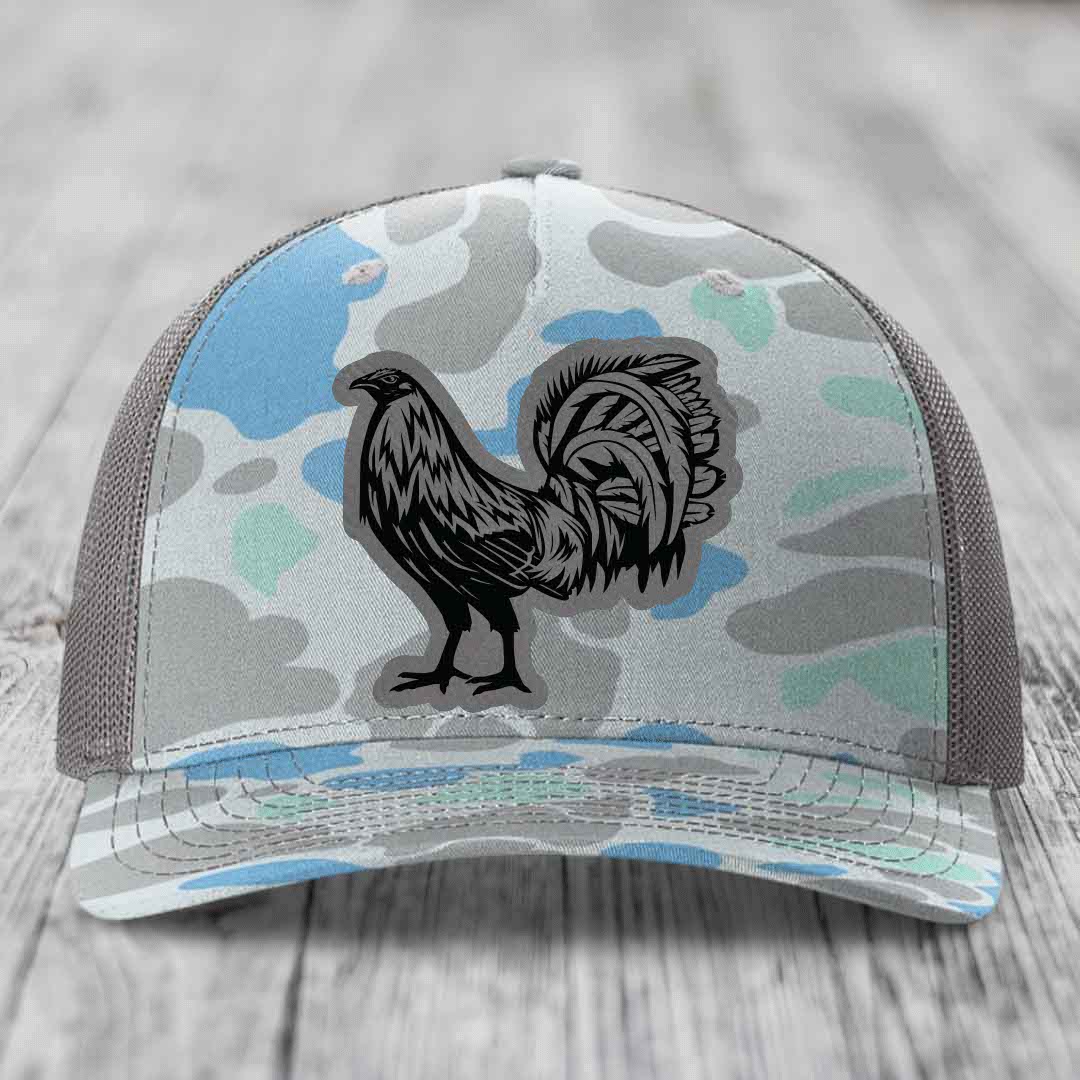 Rooster - Leather Patch Hat - Grey to Black Patch - Richardson 112PFP Snapback Trucker Hat