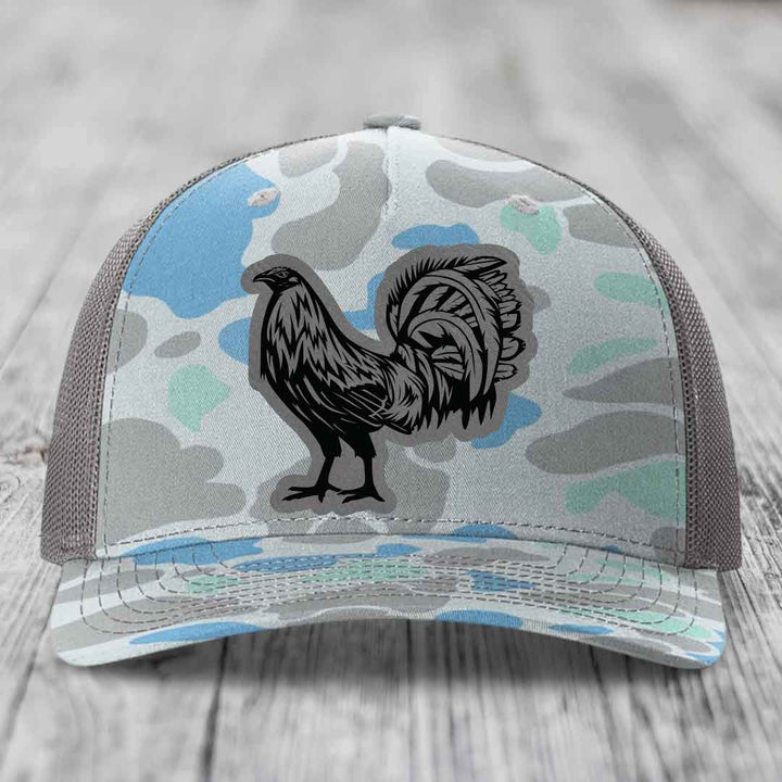 Rooster - Leather Patch Hat - Grey to Black Patch - Richardson 112PFP Snapback Trucker Hat