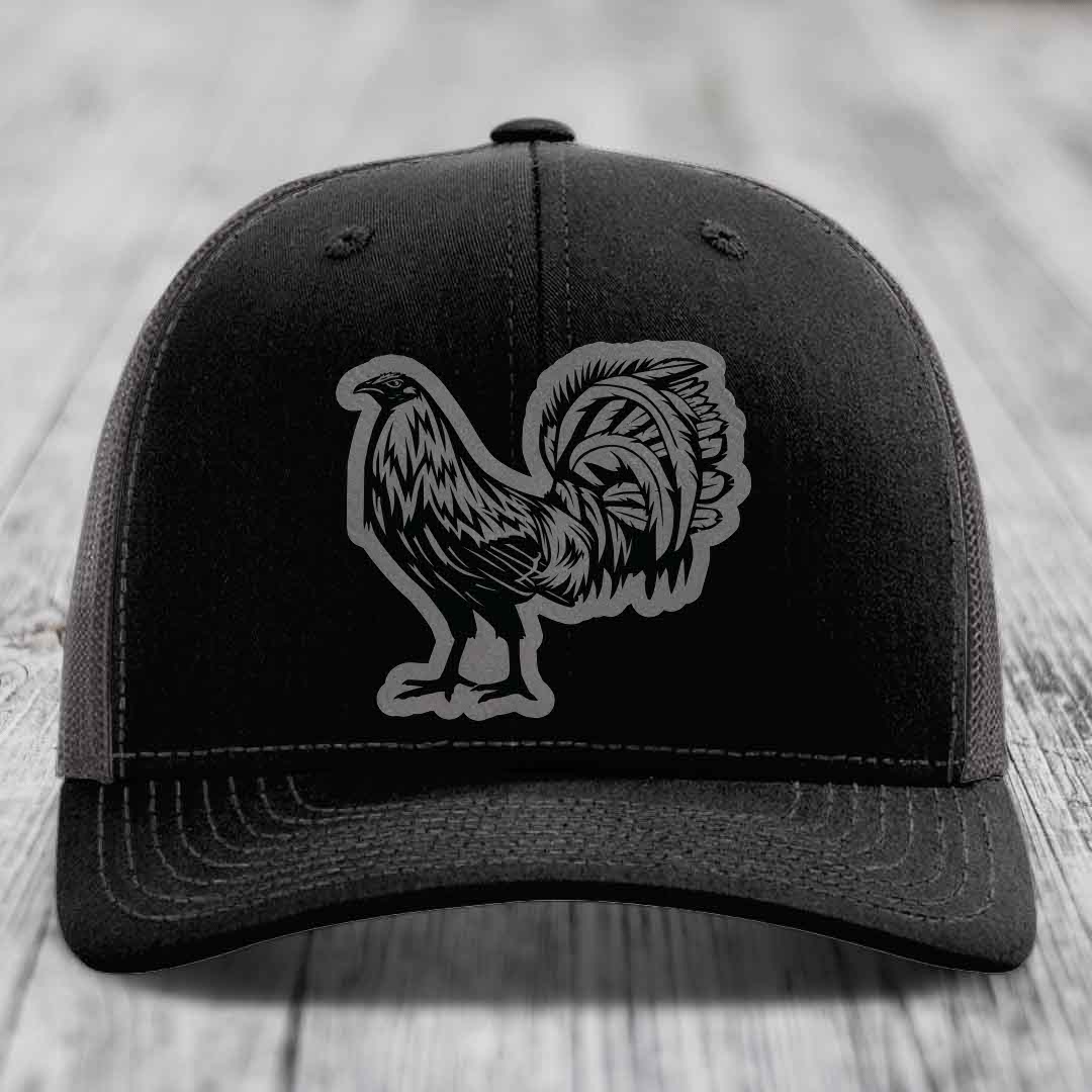 Rooster - Leather Patch Hat - Grey to Black Patch - Richardson 112 Snapback Trucker Hat