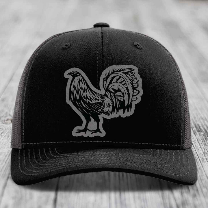 Rooster - Leather Patch Hat - Grey to Black Patch - Richardson 112 Snapback Trucker Hat