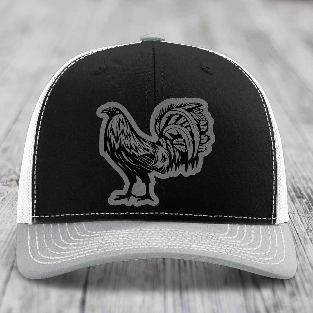 Rooster - Leather Patch Hat - Grey to Black Patch - Richardson 112 Snapback Trucker Hat