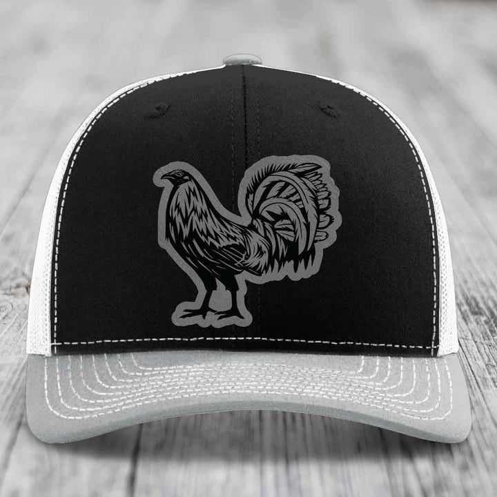 Rooster - Leather Patch Hat - Grey to Black Patch - Richardson 112 Snapback Trucker Hat