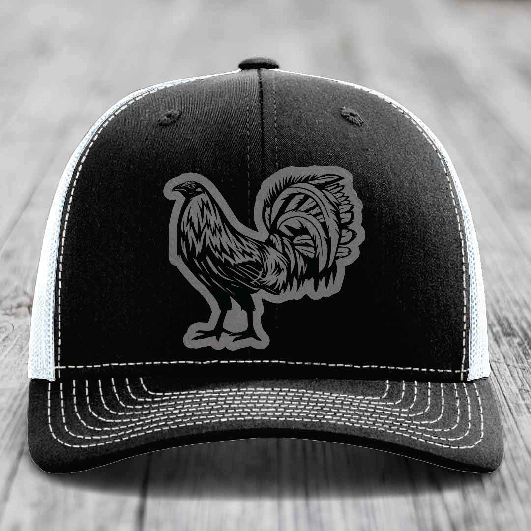 Rooster - Leather Patch Hat - Grey to Black Patch - Richardson 112 Snapback Trucker Hat