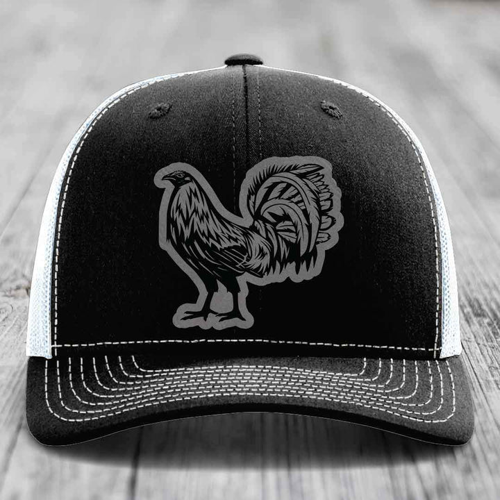 Rooster - Leather Patch Hat - Grey to Black Patch - Richardson 112 Snapback Trucker Hat