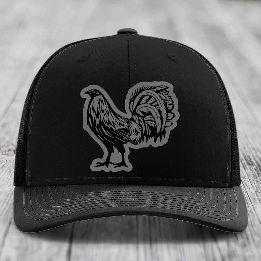 Rooster - Leather Patch Hat - Grey to Black Patch - Richardson 112 Snapback Trucker Hat