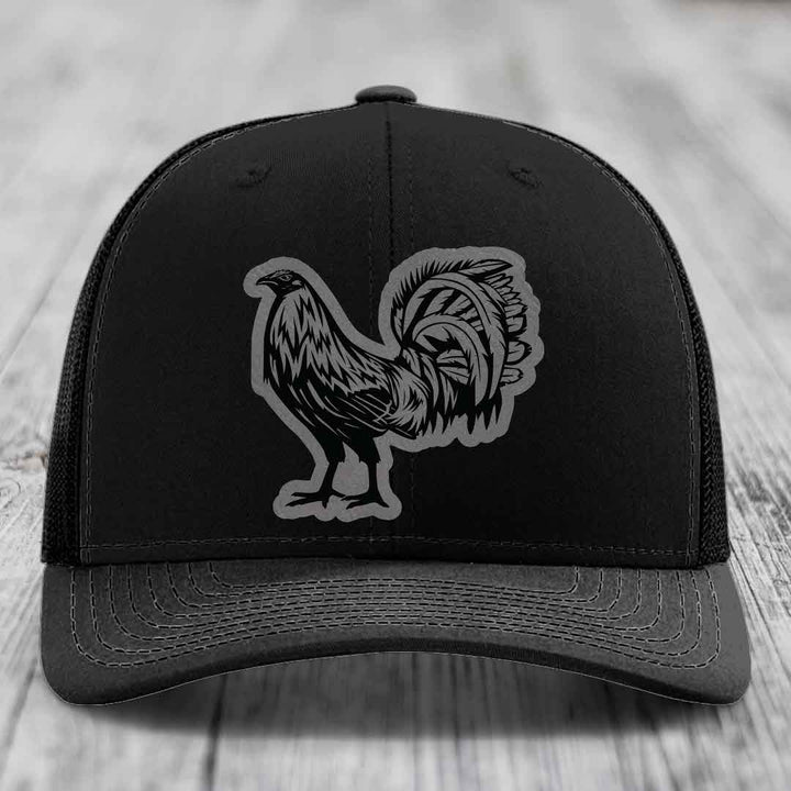 Rooster - Leather Patch Hat - Grey to Black Patch - Richardson 112 Snapback Trucker Hat
