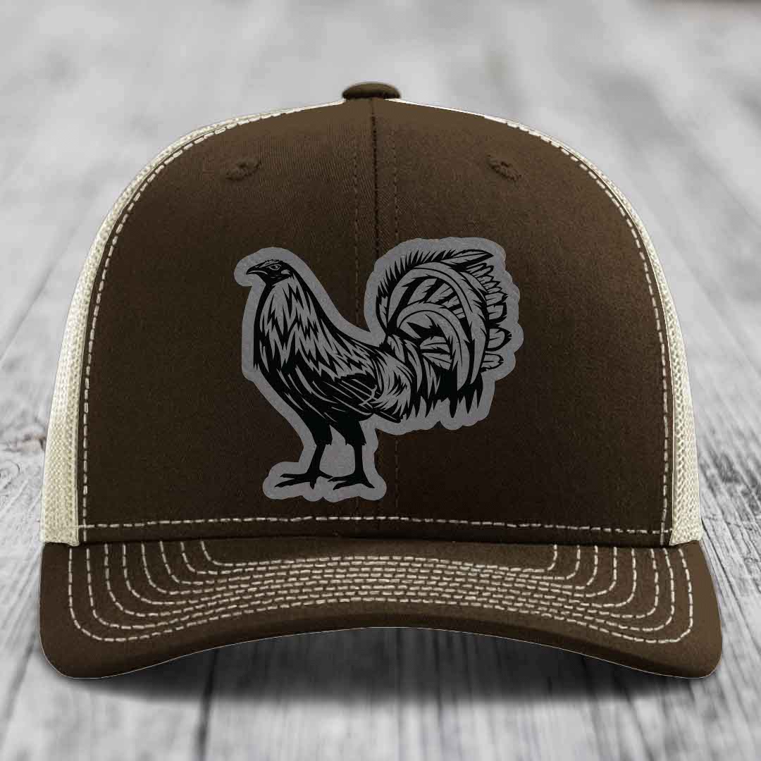 Rooster - Leather Patch Hat - Grey to Black Patch - Richardson 112 Snapback Trucker Hat