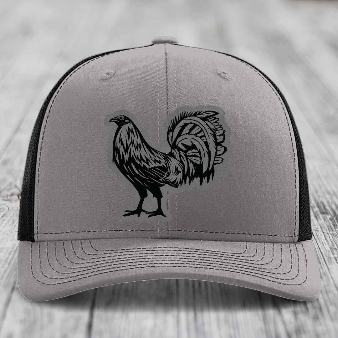 Rooster - Leather Patch Hat - Grey to Black Patch - Richardson 112 Snapback Trucker Hat