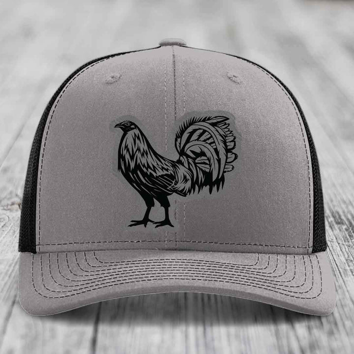 Rooster - Leather Patch Hat - Grey to Black Patch - Richardson 112 Snapback Trucker Hat
