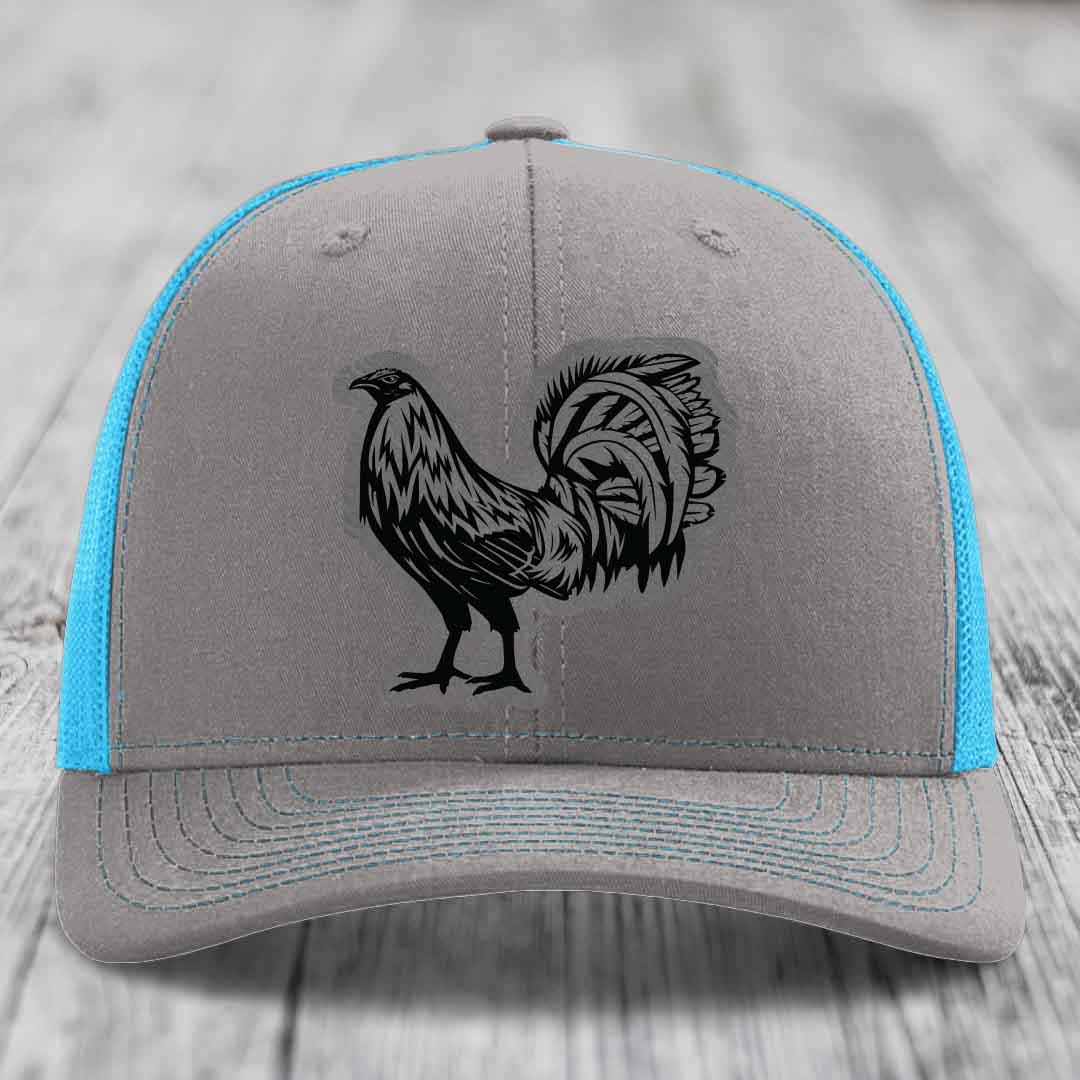 Rooster - Leather Patch Hat - Grey to Black Patch - Richardson 112 Snapback Trucker Hat