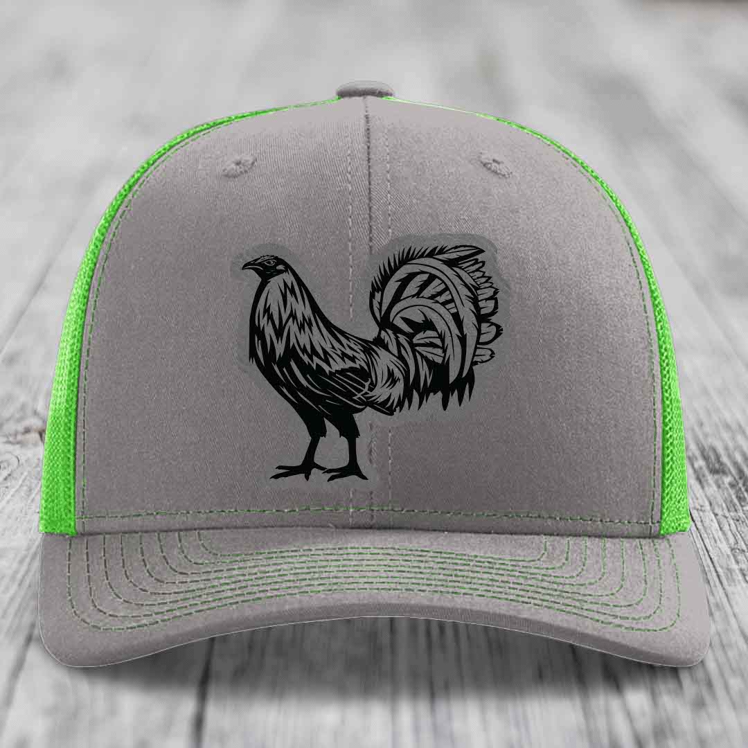 Rooster - Leather Patch Hat - Grey to Black Patch - Richardson 112 Snapback Trucker Hat