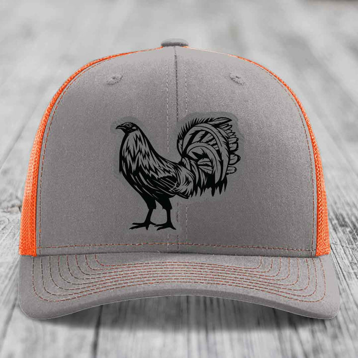 Rooster - Leather Patch Hat - Grey to Black Patch - Richardson 112 Snapback Trucker Hat