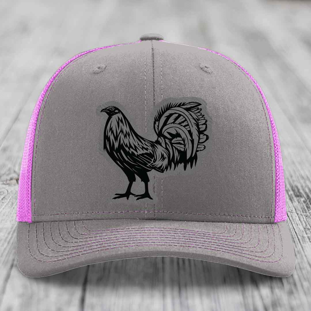 Rooster - Leather Patch Hat - Grey to Black Patch - Richardson 112 Snapback Trucker Hat