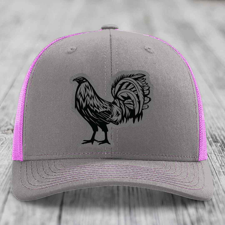 Rooster - Leather Patch Hat - Grey to Black Patch - Richardson 112 Snapback Trucker Hat