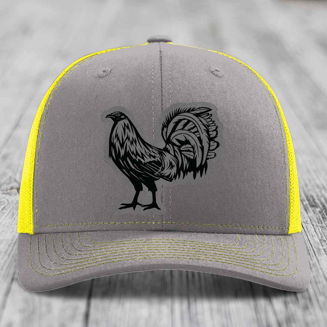 Rooster - Leather Patch Hat - Grey to Black Patch - Richardson 112 Snapback Trucker Hat