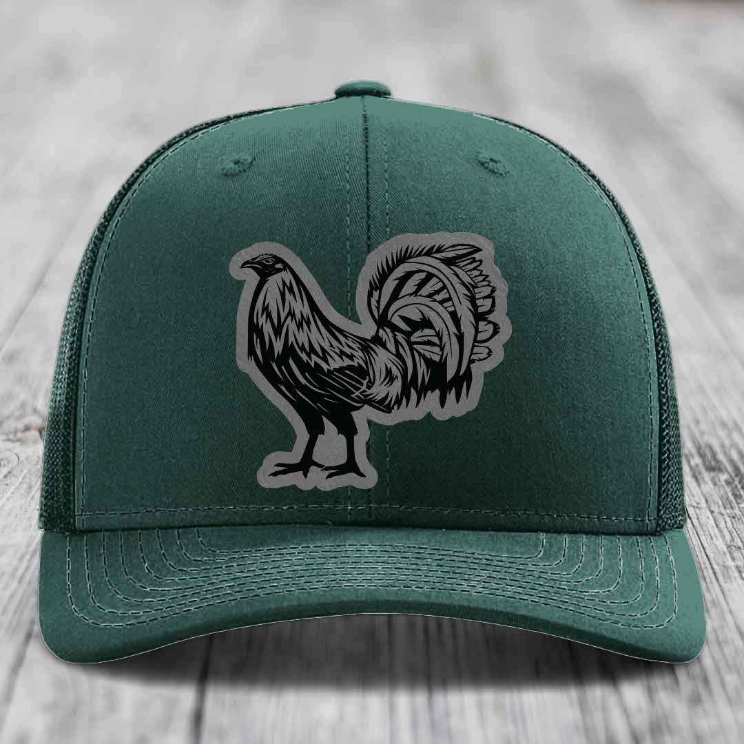 Rooster - Leather Patch Hat - Grey to Black Patch - Richardson 112 Snapback Trucker Hat