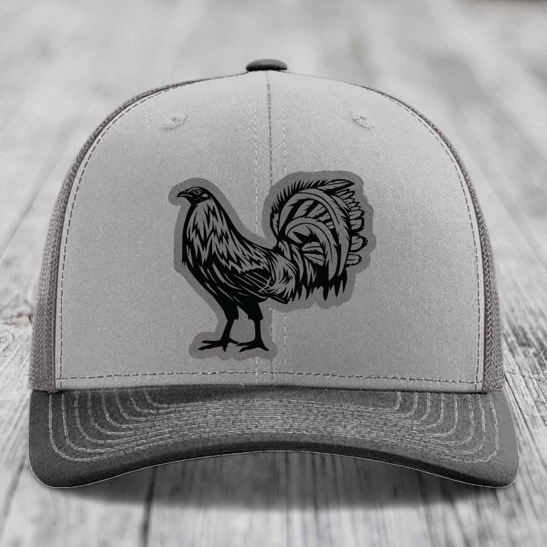 Rooster - Leather Patch Hat - Grey to Black Patch - Richardson 112 Snapback Trucker Hat