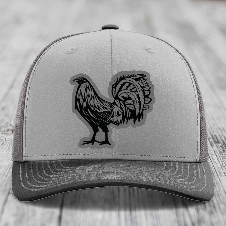 Rooster - Leather Patch Hat - Grey to Black Patch - Richardson 112 Snapback Trucker Hat