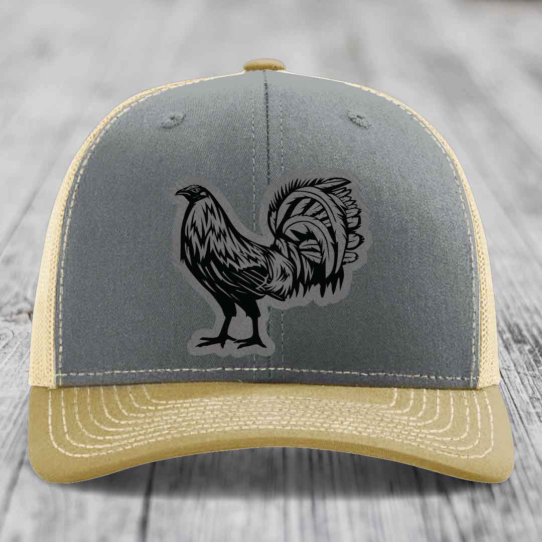 Rooster - Leather Patch Hat - Grey to Black Patch - Richardson 112 Snapback Trucker Hat