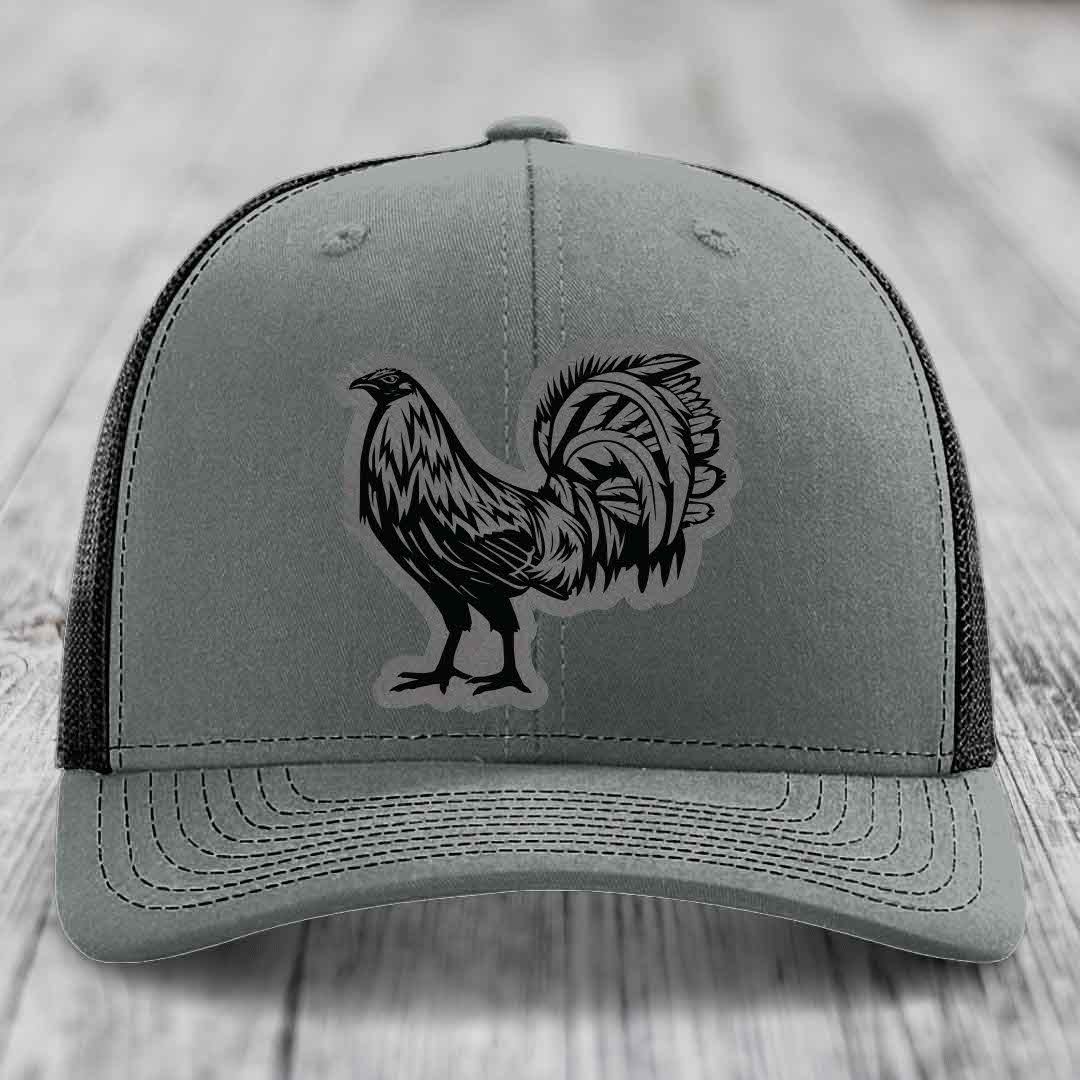 Rooster - Leather Patch Hat - Grey to Black Patch - Richardson 112 Snapback Trucker Hat