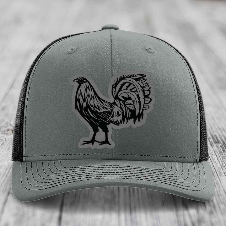 Rooster - Leather Patch Hat - Grey to Black Patch - Richardson 112 Snapback Trucker Hat