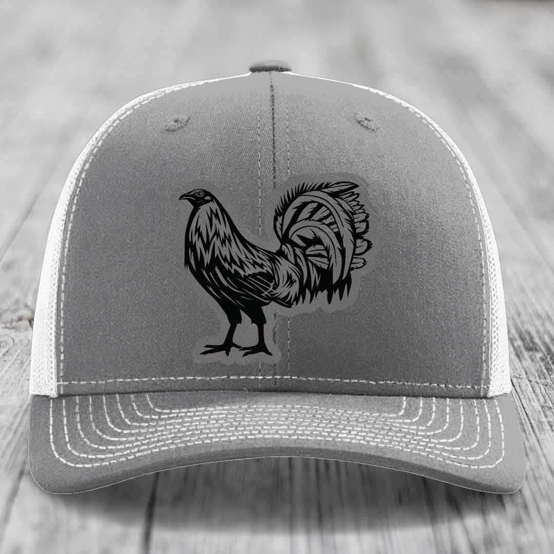 Rooster - Leather Patch Hat - Grey to Black Patch - Richardson 112 Snapback Trucker Hat