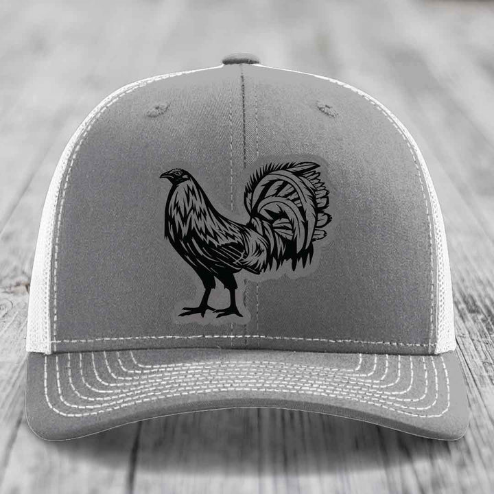 Rooster - Leather Patch Hat - Grey to Black Patch - Richardson 112 Snapback Trucker Hat